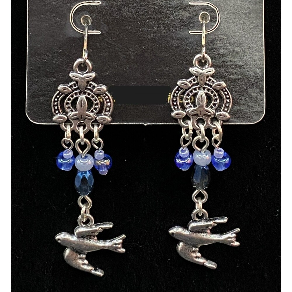 Handmade Sparrow Bird & Blue Glass Bead Chandelier Earrings by Neanie-Bot